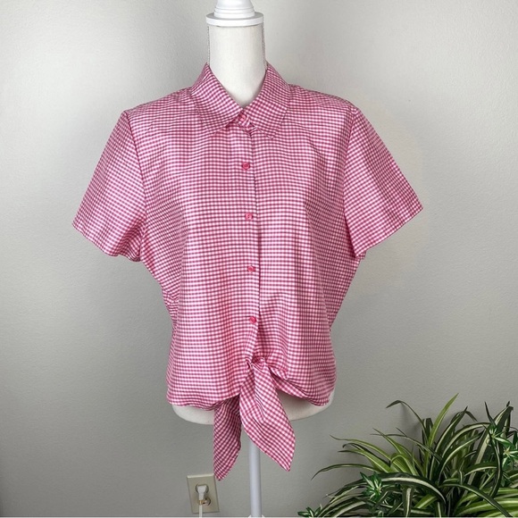 Judith Hart, Plus Size 16 Front Tie Button Up 100% Silk Vintage Pink White NWOT - Picture 2 of 9